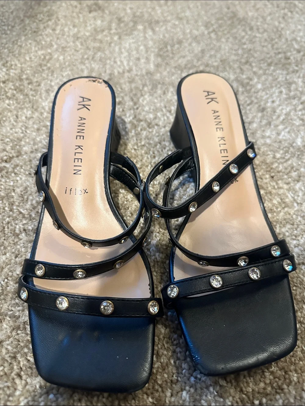 Anne Klein Black Crystal-Stud Strappy Heeled Sandals